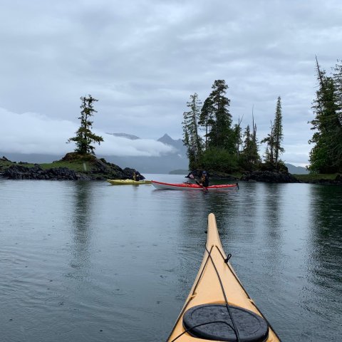 a boat floating along a river next to a body of water
