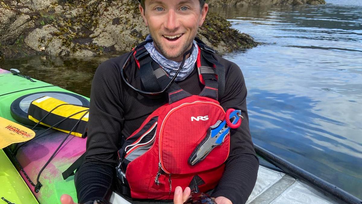 Person in kayak holding a starfish and sea cucumber, surrounded by rocky shore and forest.